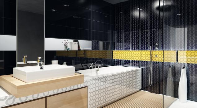 Płytki ceramiczne w aranżacji nowoczesnej łazienki – geometryczny wzór i zdecydowane kolory